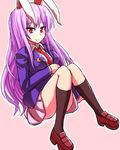  animal_ears black_legwear blazer blush breasts bunny_ears collared_shirt crescent crescent_moon_pin jacket lapel_pin legs loafers long_hair looking_at_viewer medium_breasts miniskirt necktie outline pink_background purple_hair red_eyes reisen_udongein_inaba shirt shoes simple_background sitting skirt smile socks solo tanakara touhou tsurime white_outline 