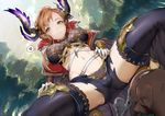  bad_id bad_twitter_id breasts brown_hair dutch_angle gloves granblue_fantasy green_eyes hair_ornament heart large_breasts long_hair looking_at_viewer midriff mikurou_(nayuta) shorts smile song_(granblue_fantasy) spoken_heart spread_legs thighhighs 