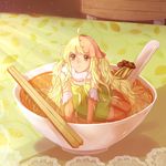  ahoge arm_support bad_id bad_pixiv_id blonde_hair bow bowl brown_eyes chair chopsticks collar dress food green_dress hat highres in_bowl in_container in_food kyabetsu_(xkxkinoloveaph) lace long_hair looking_at_viewer minigirl mushroom noodles original partially_submerged personification ramen red_hat solo spoon strapless strapless_dress sunlight table tablecloth 