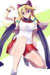  arcana_heart blonde_hair blush bracelet breasts brown_hair hair_ornament highres inuwaka_akane jewelry kneeling large_breasts long_hair looking_at_viewer oi_ke purple_eyes scarf school_uniform skirt smile solo 