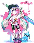  :3 animal blue_hair bubble_blowing chewing_gum copyright_name domino_mask inkling long_hair mask monster_girl paint paint_on_face paint_roller paint_splatter purple_eyes shirt shoes short_sleeves smile sneakers solo splat_charger_(splatoon) splatoon_(series) splatoon_1 squid standing tentacle_hair tera white_shirt 