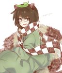  :d alien_(psr992) animal_ears brown_eyes brown_hair futatsuiwa_mamizou glasses leaf leaf_on_head open_mouth raccoon_ears raccoon_tail scarf short_hair smile solo tail touhou 