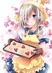  apron baking_sheet cookie food hamakaze_(kantai_collection) heart-shaped_food kantai_collection nogi_takayoshi orange_apron oven_mitts school_uniform serafuku solo 