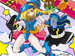  bare_shoulders blonde_hair blush_stickers boots breasts cleavage dark_magician_girl female gradient gradient_background green_eyes hat kuriboh legs long_hair smile staff wizard_hat yu-gi-oh! yuu-gi-ou_duel_monsters 