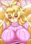  ahoge alternate_costume animal_ears blonde_hair blush breast_rest breasts fox_ears fox_tail highres izuna_(shinrabanshou) kittan_(cve27426) large_breasts long_hair looking_at_viewer multiple_tails open_mouth red_eyes shinrabanshou slit_pupils smile solo sweater tail upper_body 