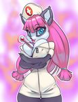  2015 abstract_background anthro big_breasts blue_eyes breasts cat cleavage clothed clothing feline female fur hair hat holding_breasts looking_at_viewer mammal nurse nurse_uniform pink_hair solo thefuckingdevil thermometer white_fur 