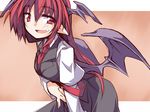  :d armband breasts business_suit collared_shirt demon_wings fang formal head_wings hemogurobin_a1c juliet_sleeves koakuma librarian long_hair long_sleeves medium_breasts necktie open_mouth pointy_ears puffy_sleeves red_eyes red_hair red_neckwear seductive_smile shirt skirt sleeveless_blazer smile solo suit touhou wings 