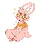  2015 anthro balls bandage bottomless cheek_tuft clothed clothing cub eyewear flaccid fur glasses hair_tuft half-dressed hindpaw lagomorph male mammal oob open_mouth pawpads paws penis pink_fur plain_background rabbit shirt sigh sitting solo star tongue torn_clothing tuft uncut white_background white_fur young 