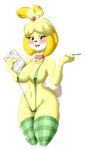  2015 animal_crossing anthro big_breasts bikini blush breasts camel_toe canine clipboard clothing collar dog female hi_res isabelle_(animal_crossing) itsuko103 legwear mammal navel nintendo open_mouth pen plain_background shih_tzu sling_bikini solo stockings swimsuit video_games white_background 