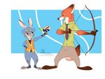  2015 anthro bow_(weapon) canine disney female fox gangstaguru judy_hopps lagomorph male mammal movie nick_wilde officer rabbit ranged_weapon smile smug tranquilizer_gun weapon zootopia 