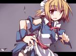  :d blonde_hair breasts burnt_clothes collared_shirt dress hemogurobin_a1c looking_at_viewer maid maid_headdress medium_breasts mugetsu necktie open_mouth pointy_ears red_eyes sash shirt short_hair smile solo sweatdrop torn_clothes torn_dress touhou touhou_(pc-98) wrist_cuffs 