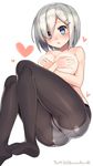  black_legwear blue_eyes blush breasts covering covering_breasts crotch_seam dated feet hair_ornament hair_over_one_eye hairclip hamakaze_(kantai_collection) heart highres kantai_collection kuro_chairo_no_neko large_breasts open_mouth panties panties_under_pantyhose pantyhose short_hair silver_hair simple_background solo topless twitter_username underwear white_background 