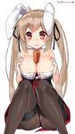  ahoge animal_ears between_breasts black_legwear black_ribbon blush breast_squeeze breasts bunny_ears bunnysuit carrot cleavage dated fake_animal_ears hair_ribbon heart highres kantai_collection kuro_chairo_no_neko large_breasts light_brown_hair long_hair looking_at_viewer murasame_(kantai_collection) open_mouth pantyhose paw_print red_eyes ribbon sailor_collar simple_background sitting solo thigh_strap thighs twintails twitter_username white_background 