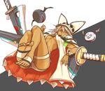  ass barefoot black_background blonde_hair breasts feet full_body guilty_gear guilty_gear_xrd katana looking_at_viewer ramlethal_valentine red_eyes shinzou small_breasts solo sword thighs toes two-tone_background underboob weapon white_background 