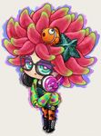  anemo_(splatoon) animal animal_print black-framed_eyewear black_footwear blue_eyes boots bright_pupils clownfish eyeshadow full_body glasses hair_ornament headphones headphones_around_neck hood hoodie kumano_(splatoon) long_sleeves makeup ng_man open_mouth orange_legwear pantyhose pink_hair short_hair skull solo splatoon_(series) splatoon_1 squid star star_hair_ornament tentacles triangle_mouth 