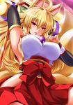  ahoge animal_ears arm_up armpits bare_hips blonde_hair blush breasts detached_sleeves dutch_angle fang fox_ears fox_tail hakama_skirt highres hip_vent izuna_(shinrabanshou) japanese_clothes kittan_(cve27426) large_breasts long_hair looking_at_viewer multiple_tails no_bra open_mouth red_eyes scroll shinrabanshou sideboob slit_pupils smile solo tail 