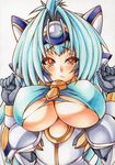  :&lt; android armor bangs black_gloves blue_hair bracer breasts buckle bursting_breasts cleavage_cutout colored_eyelashes colored_pencil_(medium) covered_nipples dress frown gloves hands_up headgear kos-mos kos-mos_ver._4 large_breasts long_hair looking_at_viewer marker_(medium) millipen_(medium) raised_eyebrows red_eyes simple_background slit_pupils solo tears torn_clothes torn_dress traditional_media underboob underboob_cutout uneven_eyes unfastened upper_body very_long_hair white_background xenosaga xenosaga_episode_iii yutakasan-love 
