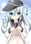  bell_(oppore_coppore) blush bottomless flat_cap grey_eyes hat hibiki_(kantai_collection) highres kantai_collection long_hair long_sleeves looking_at_viewer midriff navel neckerchief out-of-frame_censoring school_uniform serafuku shirt_lift silver_hair solo translated upper_body 