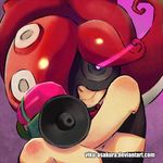  bare_shoulders glowing glowing_eye goggles long_hair looking_at_viewer navel octarian octoling octoshot_(splatoon) purple_background purple_eyes red_hair smile solo splatoon_(series) splatoon_1 super_soaker takozonesu tentacle_hair viku-asakura watermark web_address 