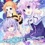  3girls :d album_cover blonde_hair blue_eyes blush blush_stickers character_doll clenched_hand collar company_name cover d-pad d-pad_hair_ornament dress english fang frills hair_bobbles hair_ornament highres kami_jigen_game_neptune_v lavender_hair long_hair multiple_girls neptune_(choujigen_game_neptune) neptune_(series) object_hug official_art open_mouth outstretched_arm pink_eyes pish purple_eyes purple_hair pururut short_hair smile sparkle tsunako v-shaped_eyebrows wrist_cuffs 