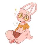 2015 anthro bandage bulge cheek_tuft clothed clothing cub eyewear fur glasses hair_tuft hindpaw lagomorph male mammal oob open_mouth pawpads paws pink_fur plain_background rabbit shirt shorts sigh sitting solo star tongue torn_clothing tuft white_background white_fur young 