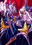  artist_request claws digimon gauntlets gold gradient gradient_background horns jesmon monster no_humans red_cape royal_knights shoulder_pads sword tail torn_cape weapon yellow_eyes 