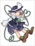  alternate_color blush boots border color_switch eyeball full_body hat hat_ribbon heart heart_of_string izayoi_sakuya komeiji_koishi long_sleeves looking_at_viewer one_eye_closed player_2 ponpoko red_eyes ribbon shirt short_hair silver_hair simple_background skirt skirt_set smile solo string third_eye touhou vest white_background wide_sleeves 