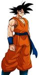  1boy baggy_pants black_hair dougi dragon_ball dragon_ball_z dragonball_z eric_lowery eyebrows highres male_focus muscle pants sash simple_background sleeveless solo son_gokuu spiked_hair tsurime wristband 