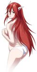  ass breasts covering dimples_of_venus fire_emblem fire_emblem:_kakusei from_behind long_hair looking_at_viewer looking_back medium_breasts panties red_eyes red_hair simple_background smile solo standing thor_(deep_rising) tiamo topless underwear very_long_hair white_panties 