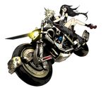  1girl bare_shoulders black_hair blonde_hair blue_eyes cloud_strife final_fantasy final_fantasy_vii foreshortening from_below ground_vehicle long_hair midriff miwa_shirou motor_vehicle motorcycle multiple_riders sidesaddle sword tank_top tifa_lockhart very_long_hair weapon 