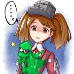  1girl brown_eyes brown_hair crossover empty_eyes flat_chest gameplay_mechanics inkling japanese_clothes kantai_collection kariginu one_eye_closed open_mouth paint_stains pensuke ribbon-trimmed_sleeves ribbon_trim ryuujou_(kantai_collection) shaded_face splatoon_(series) splatoon_1 spoken_ellipsis squid star twintails visor_cap 