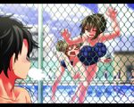  &gt;_&lt; 2girls against_fence blush breast_press breasts brown_eyes brown_hair cleavage closed_eyes competition_school_swimsuit fence highres kagami_ryouko kanayama_nao large_breasts long_hair multiple_girls one-piece_swimsuit one_eye_closed open_mouth original pool school_swimsuit short_hair slipping spit_take spitting swimsuit yoshida_hideyuki 
