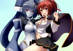  blazblue blazblue:_chronophantasma blush breasts brown_hair cape celica_a_mercury dd_mayohara grey_hair large_breasts long_sleeves minerva_(blazblue) miniskirt multiple_girls ponytail red_eyes ribbon short_hair skirt 