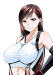  breasts brown_eyes brown_hair covered_nipples elbow_gloves final_fantasy final_fantasy_vii gloves hand_on_hip large_breasts long_hair looking_at_viewer satsuki_imonet shirt smile solo suspenders tank_top taut_clothes taut_shirt tifa_lockhart white_background 