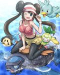  bag black_legwear breasts brown_hair carracosta covered_nipples double_bun ducklett gen_5_pokemon hat large_breasts long_hair mei_(pokemon) midriff one_eye_closed pantyhose petilil pokemoa pokemon pokemon_(creature) pokemon_(game) pokemon_bw2 see-through skirt stunfisk tank_top turtle twintails tympole visor_cap wet wet_clothes 