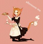  animal_ears black_legwear brown_hair cat cat_ears cat_tail clona commentary_request cup english food holding kneeling light_smile looking_at_viewer maid original pantyhose pink_background plate polka_dot polka_dot_background short_sleeves sidelocks solo steam sweets tail tail_hold tea teacup teapot 