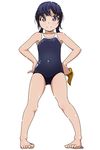  barefoot black_eyes black_hair competition_school_swimsuit eyebrows_visible_through_hair feet full_body hands_on_hips highres matsunaga_kouyou one-piece_swimsuit original school_swimsuit short_hair smile solo standing swim_cap_removed swimsuit toes 