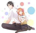  1girl ? back-to-back black_hair black_legwear bow brown_eyes closed_eyes gekkan_shoujo_nozaki-kun hair_bow heart height_difference looking_back nozaki_umetarou orange_hair polka_dot polka_dot_bow rouman_academy_uniform sakura_chiyo school_uniform sitting smile thighhighs vest warable wariza 