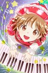  bogyaku_no_m brown_eyes brown_hair eighth_note from_above hat highres instrument keyboard_(instrument) long_sleeves looking_at_viewer looking_up lyrica_prismriver music musical_note open_mouth playing_instrument quarter_note shirt short_hair smile solo star touhou vest 