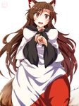  animal_ears breasts brown_hair fang fingernails highres imaizumi_kagerou long_fingernails long_hair medium_breasts red_eyes sanagi_(diohazard) simple_background solo tail tears touhou very_long_hair white_background wolf_ears wolf_tail 