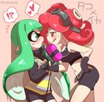  2girls :p artist_name bike_shorts blush commentary domino_mask eromame fangs fingerless_gloves flying_sweatdrops gloves goggles goggles_on_head green_eyes green_hair hand_on_hip heart inkling jpeg_artifacts long_hair mask midriff monster_girl multiple_girls navel octarian octoling octoshot_(splatoon) open_mouth red_eyes red_hair short_hair size_difference smile splatoon_(series) splatoon_1 squidbeak_splatoon super_soaker takozonesu tank_top tentacle_hair tongue tongue_out translated yuri 