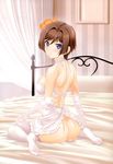  absurdres ass bare_shoulders bedroom breasts brown_hair choker dimples_of_venus dress elbow_gloves from_behind gloves highres indoors large_breasts lingerie looking_at_viewer miyata_sou muvluv muvluv_alternative muvluv_total_eclipse no_panties on_bed purple_eyes scan short_hair sideboob sitting smile solo takamura_yui thighhighs underwear white_dress white_gloves younger 