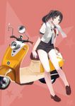  bad_id bad_pixiv_id black_hair blurry grey_eyes ground_vehicle hanazono_nonoka highres mirror motor_vehicle original ponytail red_background school_swimsuit school_uniform scooter serafuku signature sitting sitting_on_object solo star starry_background swimsuit untied vespa 