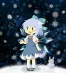  bad_id bad_twitter_id blue_eyes blue_hair bow cirno dress hair_bow ice ice_wings moyo_(amaniwa) open_mouth short_hair smile snow snow_bunny snowflakes solo touhou wings |_| 