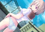  1girl ass blonde_hair cameltoe dutch_angle from_behind hand_on_hip kazakami_shun looking_back panties red_eyes rooftop school_uniform seifuku_ecchi_5_pantsu_no_kamigami serafuku short_hair sky solo striped_panties underwear 