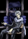 ao_oni bangs black_eyes blue_eyes chair hiroshi_(ao_oni) key looking_at_viewer scarf short_hair silver_hair sitting tarou_(you-0512) the_oni_(ao_oni) 