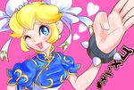  ;) blonde_hair blue_eyes bracelet bun_cover china_dress chinese_clothes chun-li chun-li_(cosplay) cosplay double_bun dress earrings heart hououji_arashi jewelry mario_(series) one_eye_closed princess_peach salute short_hair smile solo spiked_bracelet spikes street_fighter super_mario_bros. super_smash_bros. 