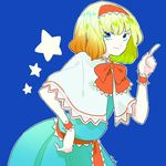 alice_margatroid artist_name bad_id bad_pixiv_id blonde_hair blue_background blue_dress blue_eyes bow capelet dress hairband looking_at_viewer pointing pointing_up ribbon sash short_hair simple_background smirk solo star striped tamazusa_mizume touhou white_capelet wrist_cuffs 