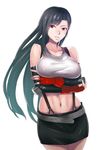  bare_shoulders black_hair breast_hold breasts final_fantasy final_fantasy_vii fingerless_gloves gloves jack_hamster large_breasts long_hair midriff navel red_eyes simple_background skirt solo suspender_skirt suspenders tifa_lockhart white_background 