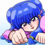  :d bangs bell chinese_clothes close-up double_bun face fingernails hair_between_eyes jingle_bell looking_at_viewer lying on_stomach open_mouth pointing pointing_at_viewer purple_eyes purple_hair ranma_1/2 shampoo_(ranma_1/2) simple_background smile solo upper_body v-shaped_eyebrows wanta_(futoshi) 